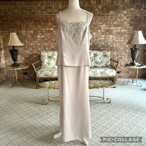 Karen Miller Dress Formal Long Beaded Taupe Beige 16 Cocktail Evening Occasion